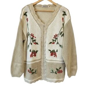 Vintage Handmade Knit floral scallop edge Sweater V neck XL